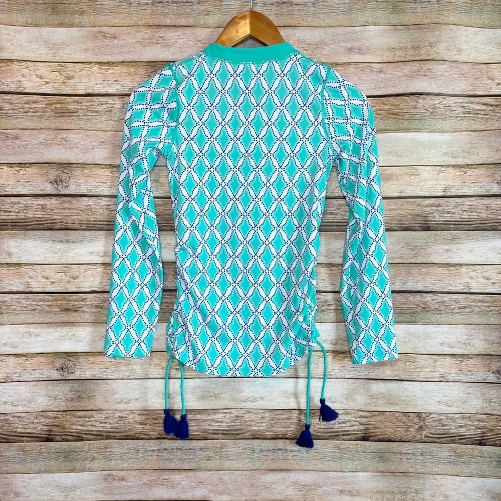 Cabana Life Blue Embroidered 1/4 Zip Ruched Side Tassel Rash Guard Top Size 12
